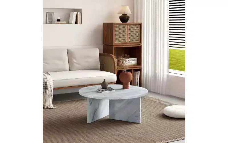 Table Basse Ronde Moderne, Plateau en Faux Marbre au Design Nordique Minimaliste, Polyvalente pour Salon, Bureau ou Chambre - Blanc