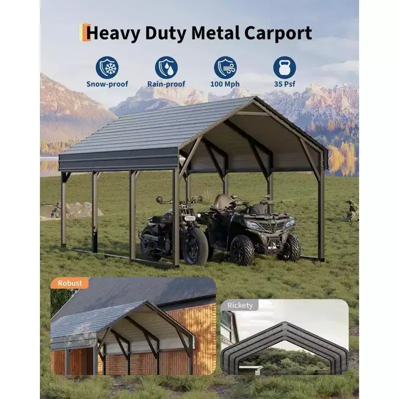 Abri de voiture en métal 12x13 pieds, cadre renforcé et toit en acier pour une utilisation par tous les temps, abri permanent pour voitures, motos, VTT ou bateaux