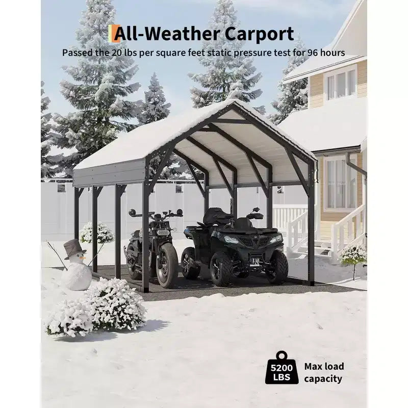 Abri de voiture en métal 12x13 pieds, cadre renforcé et toit en acier pour une utilisation par tous les temps, abri permanent pour voitures, motos, VTT ou bateaux