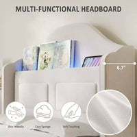 Cadre de lit double pour enfants avec revêtement en velours, tête de lit à oreilles, lumières LED et bibliothèque de rangement, lit double style princesse, aucun sommier tapissier requis
