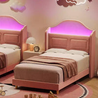 Cadre de lit double pour enfants avec revêtement en velours, tête de lit à oreilles, lumières LED et bibliothèque de rangement, lit double style princesse, aucun sommier tapissier requis