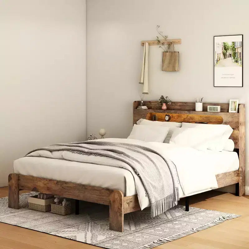 Lit plateforme double/grand lit/très grand lit avec tête de lit lumineuse à LED et 2 ports USB, lit plateforme en bois avec rangement