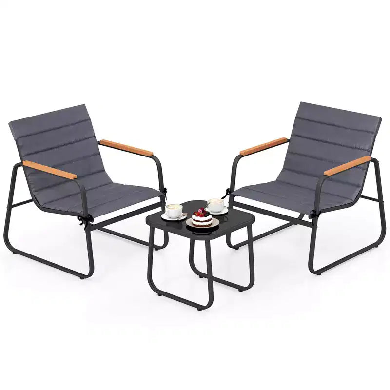 Costway Ensemble bistro de patio 3 pièces avec coussins et table basse en verre trempé pour balcon, pelouse