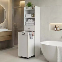 ELECWISH Meuble de rangement de salle de bain autoportant avec panier à linge coulissant amovible, meuble haut avec étagères et tiroir