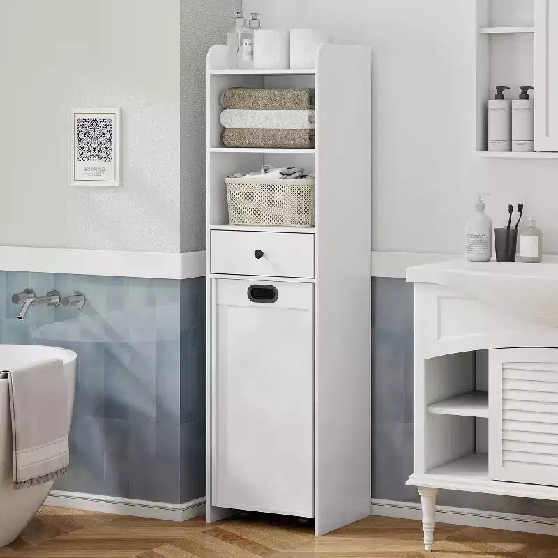 ELECWISH Meuble de rangement de salle de bain autoportant avec panier à linge coulissant amovible, meuble haut avec étagères et tiroir