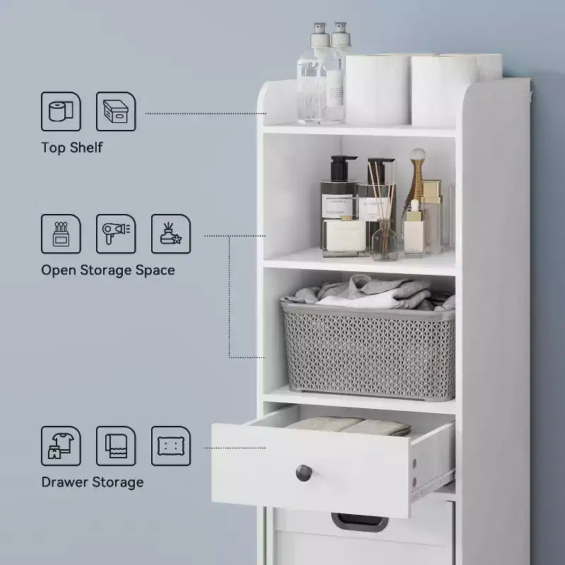 ELECWISH Meuble de rangement de salle de bain autoportant avec panier à linge coulissant amovible, meuble haut avec étagères et tiroir