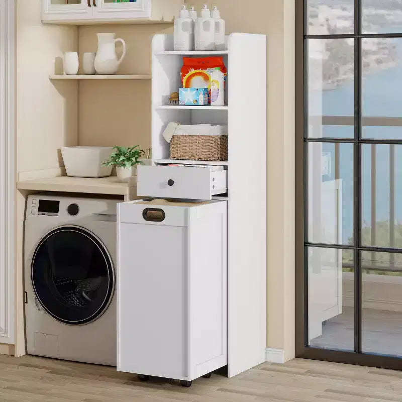 ELECWISH Meuble de rangement de salle de bain autoportant avec panier à linge coulissant amovible, meuble haut avec étagères et tiroir