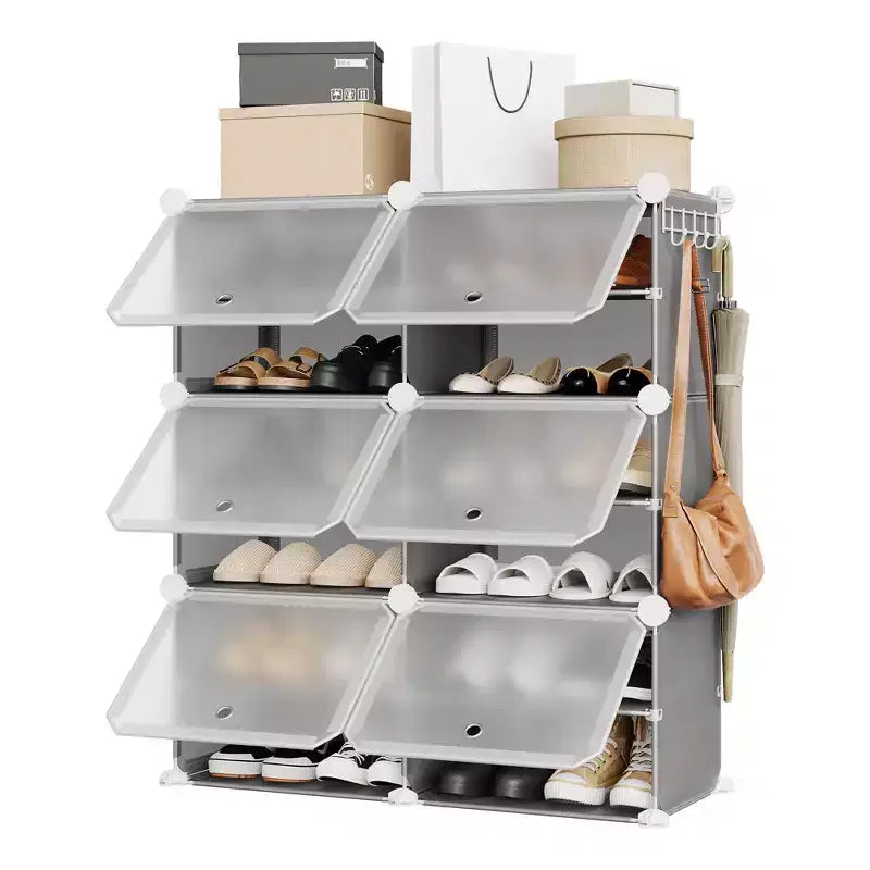 Meuble à chaussures modulaire à six compartiments avec portes - convient aux couloirs, chambres ou salons, peu encombrant et facile à assembler.