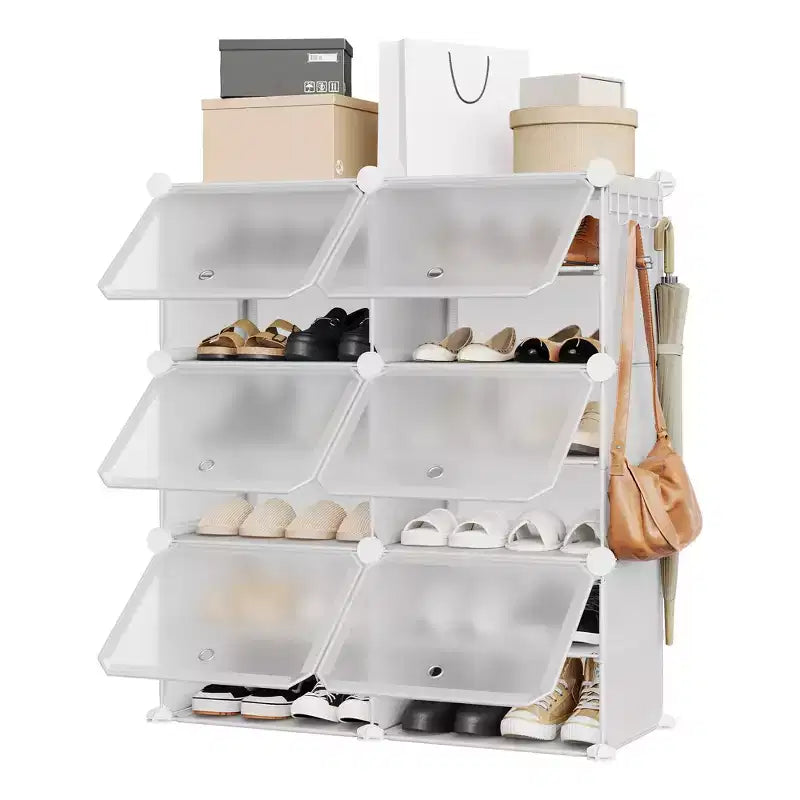 Meuble à chaussures modulaire à six compartiments avec portes - convient aux couloirs, chambres ou salons, peu encombrant et facile à assembler.