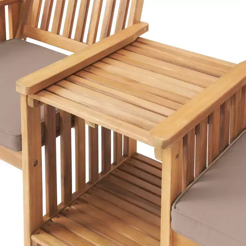 Banc double extérieur en bois d'acacia Bristol, table intégrée, résistant aux intempéries, finition naturelle, pour porche, 60 po L x 23 po P x 35 po H, assise : 19 po L x