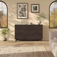 Commode COZONY 54 po de large à 7 tiroirs cannelés, commode moderne en bois incurvé avec rangement de table