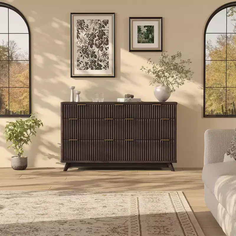 Commode COZONY 54 po de large à 7 tiroirs cannelés, commode moderne en bois incurvé avec rangement de table