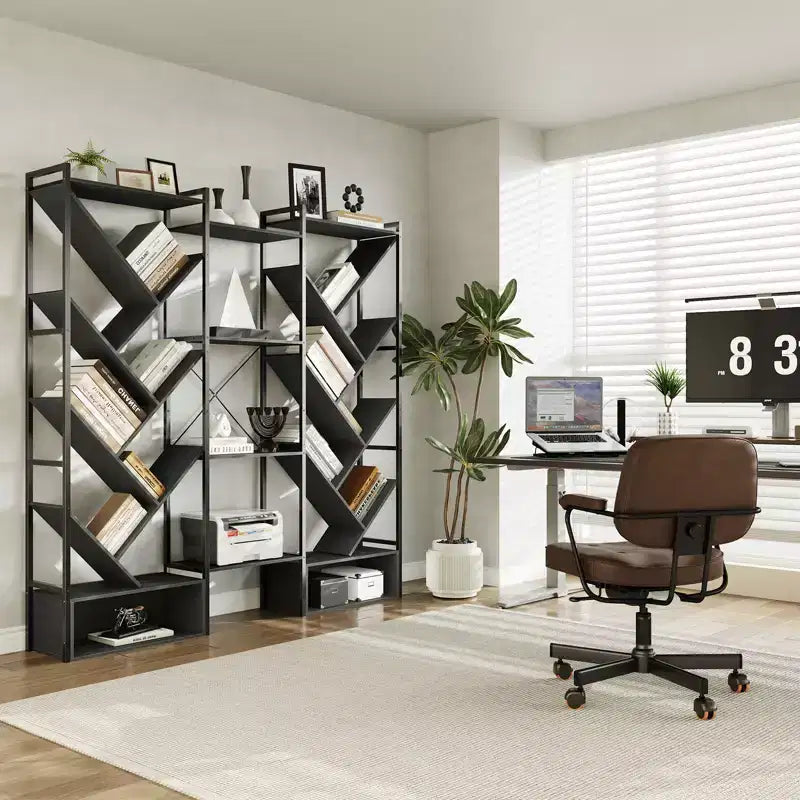 Étagère moderne triple à 6 niveaux 24 étagères ouvertes, grande bibliothèque industrielle en bois Meuble de rangement pour salon, maison, bureau