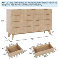 Commode COZONY 54 po de large à 9 tiroirs, coffre moderne en bois avec motif ondulé cannelé et poignées métalliques