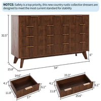 Commode COZONY 54 po de large à 9 tiroirs, coffre moderne en bois avec motif ondulé cannelé et poignées métalliques