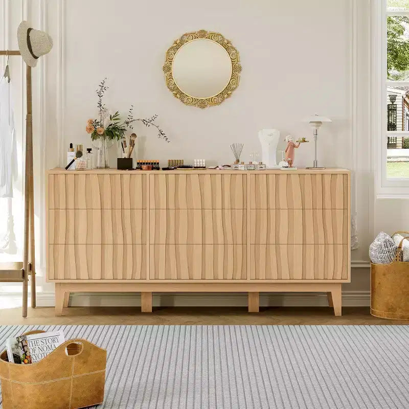 Commode cannelée de 145 cm de large COZONY à 9 tiroirs, Meuble de rangement moderne en bois pour Chambre ou Salon