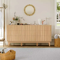 Commode cannelée de 145 cm de large COZONY à 9 tiroirs, Meuble de rangement moderne en bois pour Chambre ou Salon