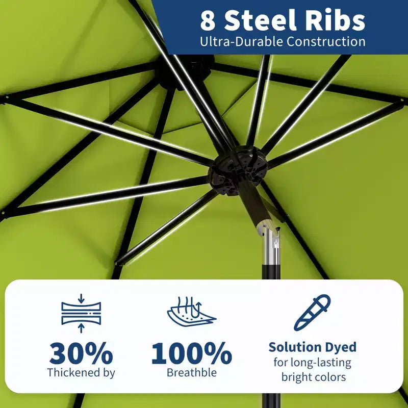 Parasol de patio de 3 mètres avec manivelle et bouton d'inclinaison. 8 baleines robustes, protection UV 50+, imperméable, parasol de jardin.
