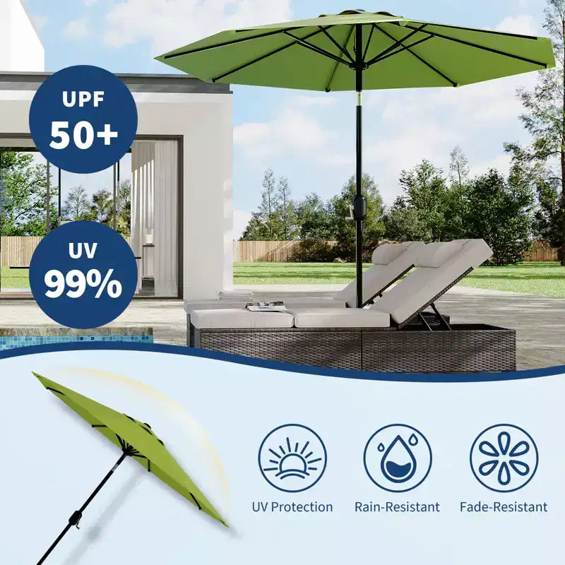 Parasol de patio 10 pi avec manivelle et inclinaison à bouton-poussoir, 8 baleines robustes, indice de protection solaire 50+, protection UV, parasol de marché extérieur étanche