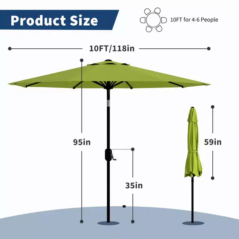 Parasol de patio 10 pi avec manivelle et inclinaison à bouton-poussoir, 8 baleines robustes, indice de protection solaire 50+, protection UV, parasol de marché extérieur étanche