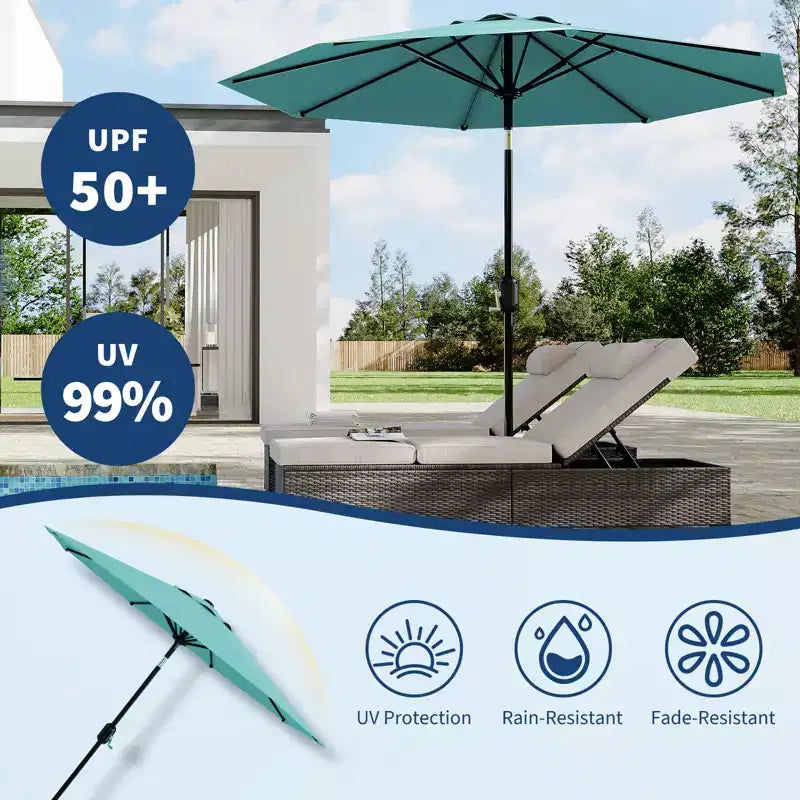 Parasol de patio 10 pi avec manivelle et inclinaison à bouton-poussoir, 8 baleines robustes, indice de protection solaire 50+, protection UV, parasol de marché extérieur étanche