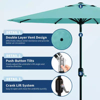 Parasol de patio 10 pi avec manivelle et inclinaison à bouton-poussoir, 8 baleines robustes, indice de protection solaire 50+, protection UV, parasol de marché extérieur étanche