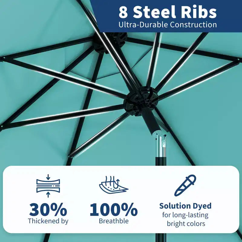 Parasol de patio de 3 mètres avec manivelle et bouton d'inclinaison. 8 baleines robustes, protection UV 50+, imperméable, parasol de jardin.