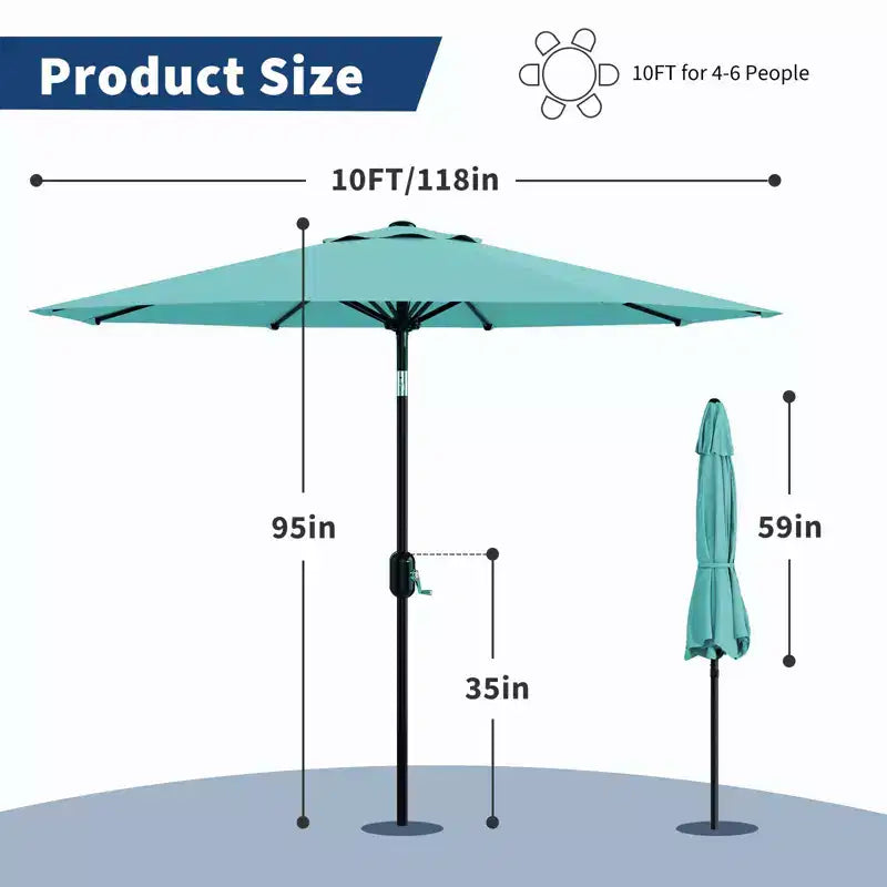 Parasol de patio 10 pi avec manivelle et inclinaison à bouton-poussoir, 8 baleines robustes, indice de protection solaire 50+, protection UV, parasol de marché extérieur étanche