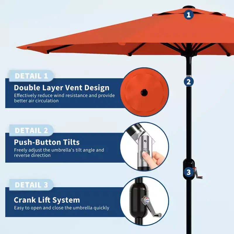 Parasol de patio 10 pi avec manivelle et inclinaison à bouton-poussoir, 8 baleines robustes, indice de protection solaire 50+, protection UV, parasol de marché extérieur étanche