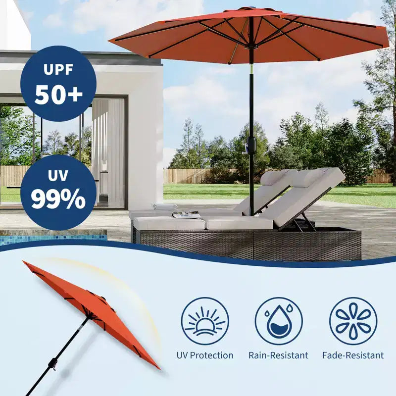 Parasol de patio 10 pi avec manivelle et inclinaison à bouton-poussoir, 8 baleines robustes, indice de protection solaire 50+, protection UV, parasol de marché extérieur étanche