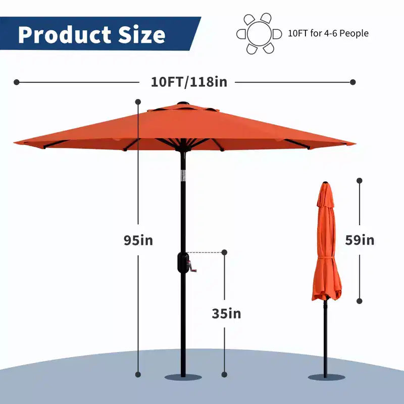 Parasol de patio 10 pi avec manivelle et inclinaison à bouton-poussoir, 8 baleines robustes, indice de protection solaire 50+, protection UV, parasol de marché extérieur étanche