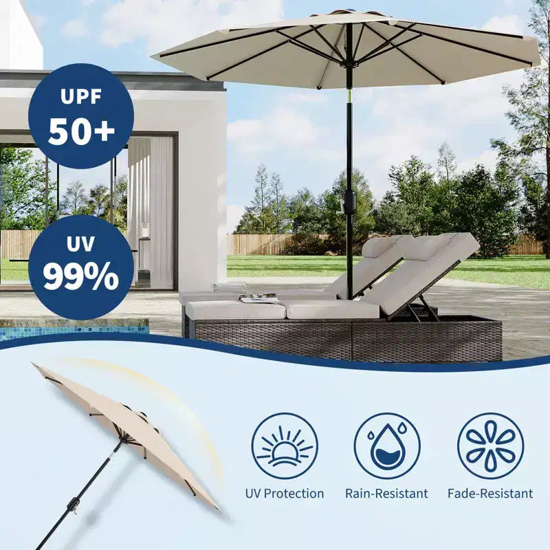 Parasol de patio de 3 mètres avec manivelle et bouton d'inclinaison. 8 baleines robustes, protection UV 50+, imperméable, parasol de jardin.