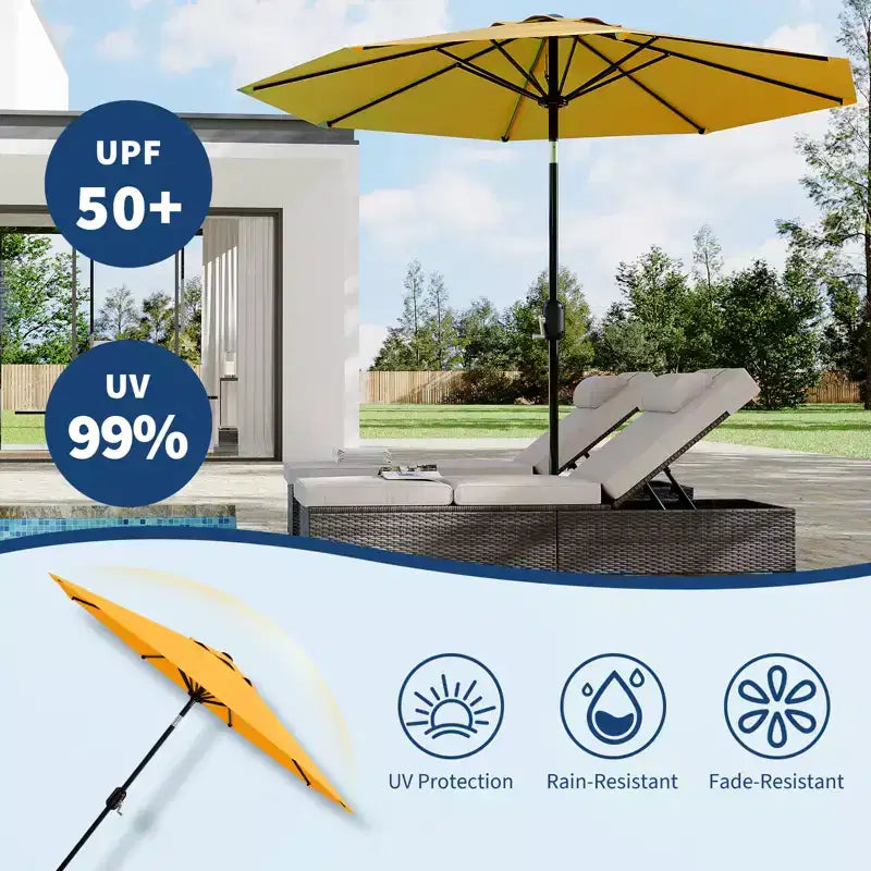 Parasol de patio 10 pi avec manivelle et inclinaison à bouton-poussoir, 8 baleines robustes, indice de protection solaire 50+, protection UV, parasol de marché extérieur étanche