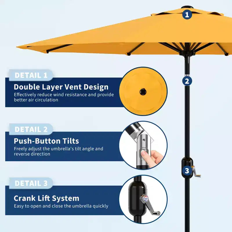 Parasol de patio de 3 mètres avec manivelle et bouton d'inclinaison. 8 baleines robustes, protection UV 50+, imperméable, parasol de jardin.