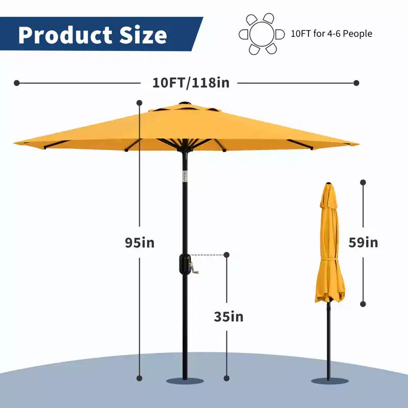 Parasol de patio 10 pi avec manivelle et inclinaison à bouton-poussoir, 8 baleines robustes, indice de protection solaire 50+, protection UV, parasol de marché extérieur étanche