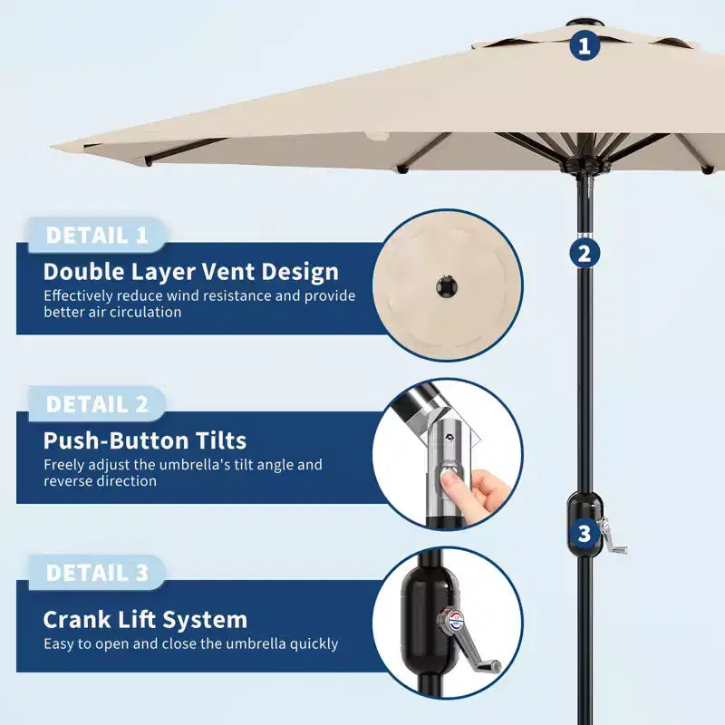 Parasol de patio 10 pi avec manivelle et inclinaison à bouton-poussoir, 8 baleines robustes, indice de protection solaire 50+, protection UV, parasol de marché extérieur étanche