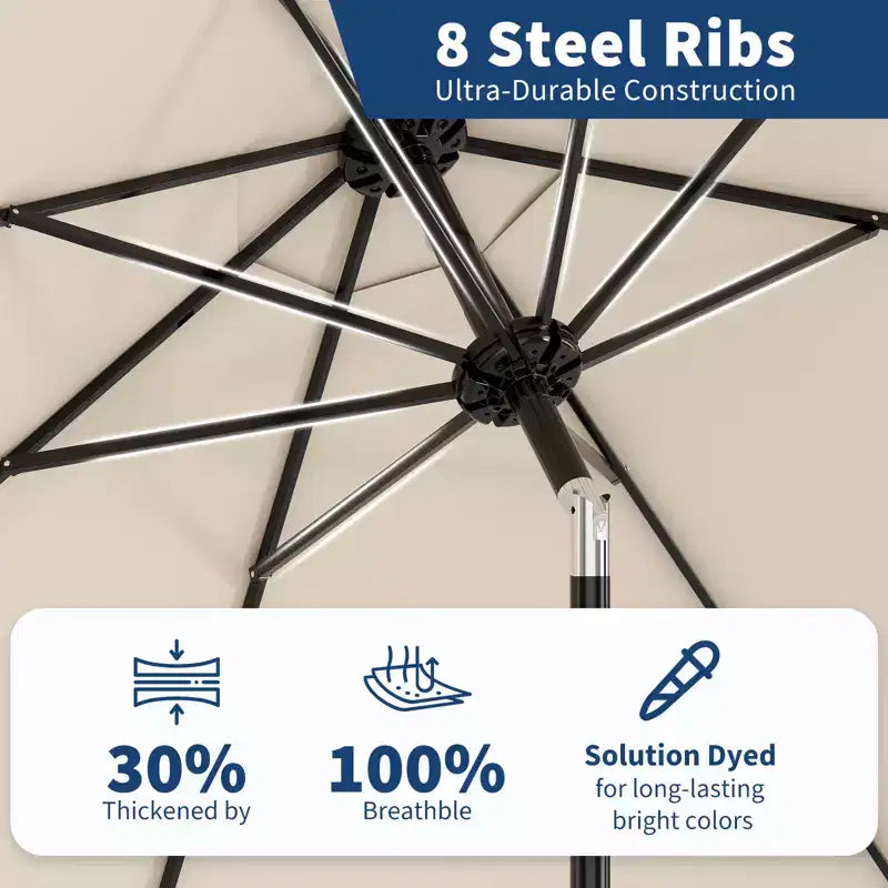 Parasol de patio 10 pi avec manivelle et inclinaison à bouton-poussoir, 8 baleines robustes, indice de protection solaire 50+, protection UV, parasol de marché extérieur étanche