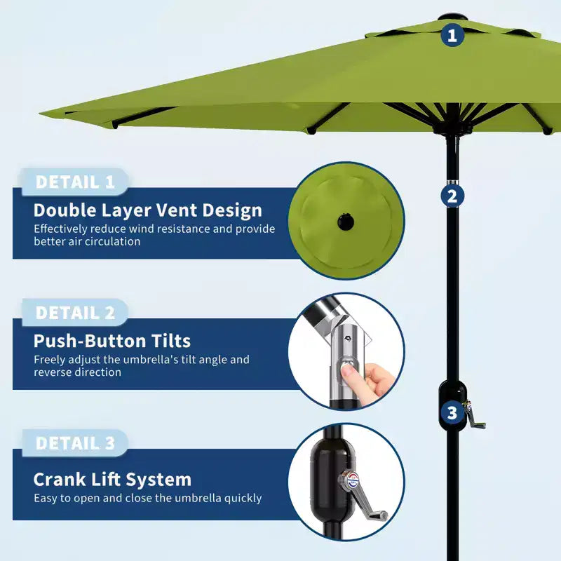 Parasol de patio 10 pi avec manivelle et inclinaison à bouton-poussoir, 8 baleines robustes, indice de protection solaire 50+, protection UV, parasol de marché extérieur étanche