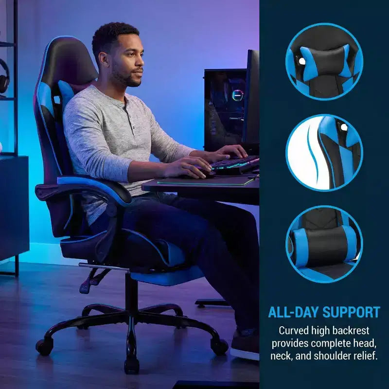 Chaise de jeu avec repose-pieds, chaise d'ordinateur ergonomique avec appuie-tête et support lombaire, chaise de jeu respirante et réglable en hauteur pour la maison et le bureau