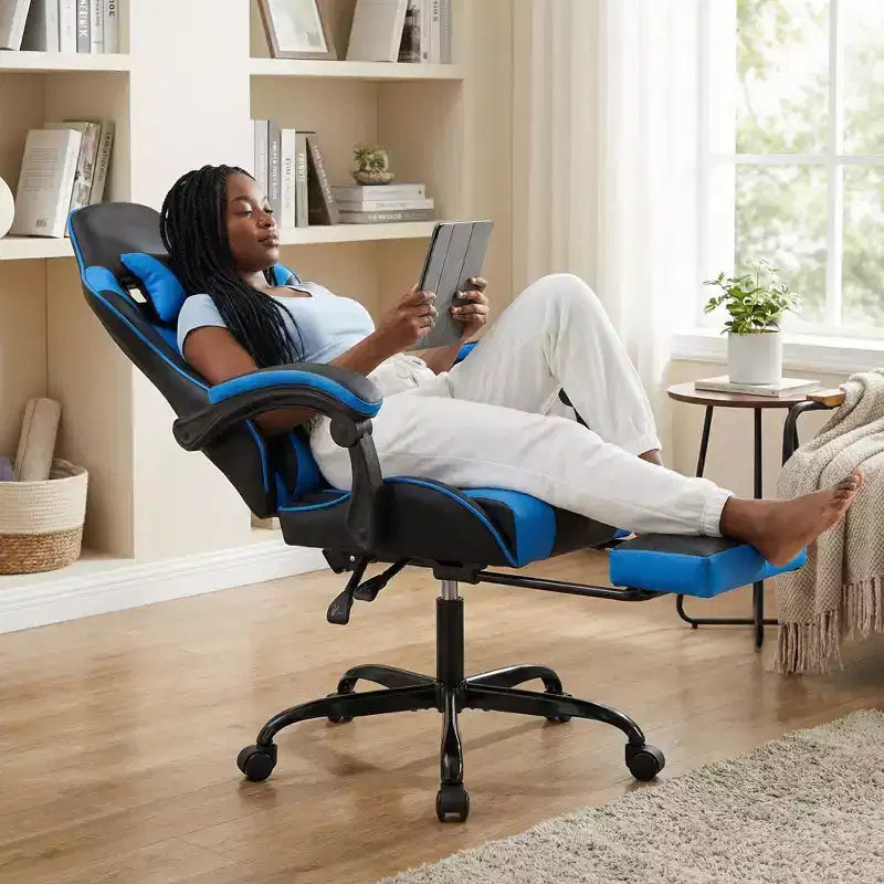Chaise de jeu avec repose-pieds, chaise d'ordinateur ergonomique avec appuie-tête et support lombaire, chaise de jeu respirante et réglable en hauteur pour la maison et le bureau