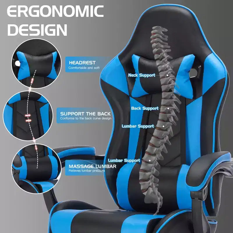 Chaise de jeu avec repose-pieds, chaise d'ordinateur ergonomique avec appuie-tête et support lombaire, chaise de jeu respirante et réglable en hauteur pour la maison et le bureau