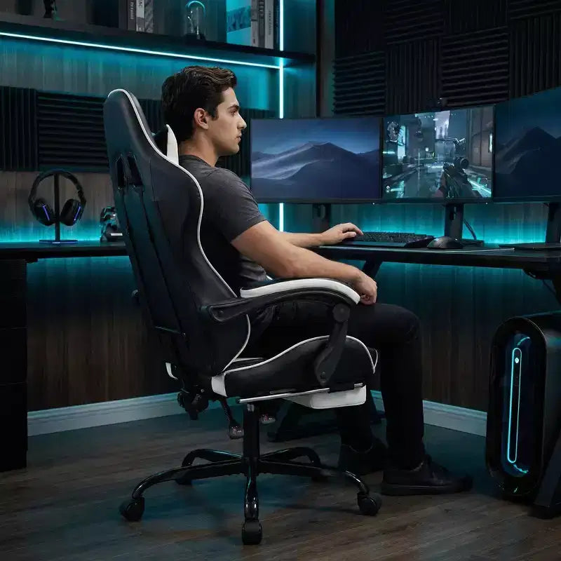 Chaise de jeu avec repose-pieds, chaise d'ordinateur ergonomique avec appuie-tête et support lombaire, chaise de jeu respirante et réglable en hauteur pour la maison et le bureau