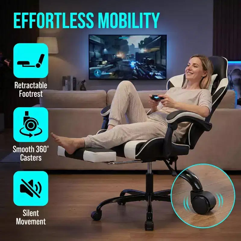 Chaise de jeu avec repose-pieds, chaise d'ordinateur ergonomique avec appuie-tête et support lombaire, chaise de jeu respirante et réglable en hauteur pour la maison et le bureau