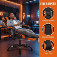 Chaise de jeu avec repose-pieds, chaise d'ordinateur ergonomique avec appuie-tête et support lombaire, chaise de jeu respirante et réglable en hauteur pour la maison et le bureau