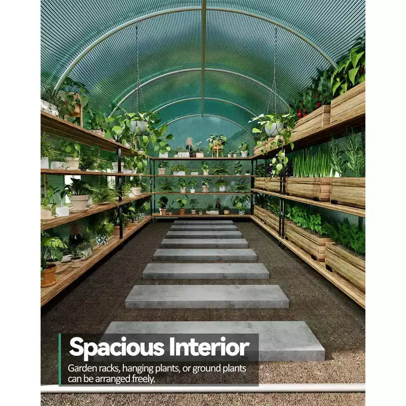 Serre tunnel avec porte, cadre en acier galvanisé avec 8 fenêtres de ventilation en maille, porte à enroulement avec fermeture éclair, bâche en PE durable pour légumes et fleurs