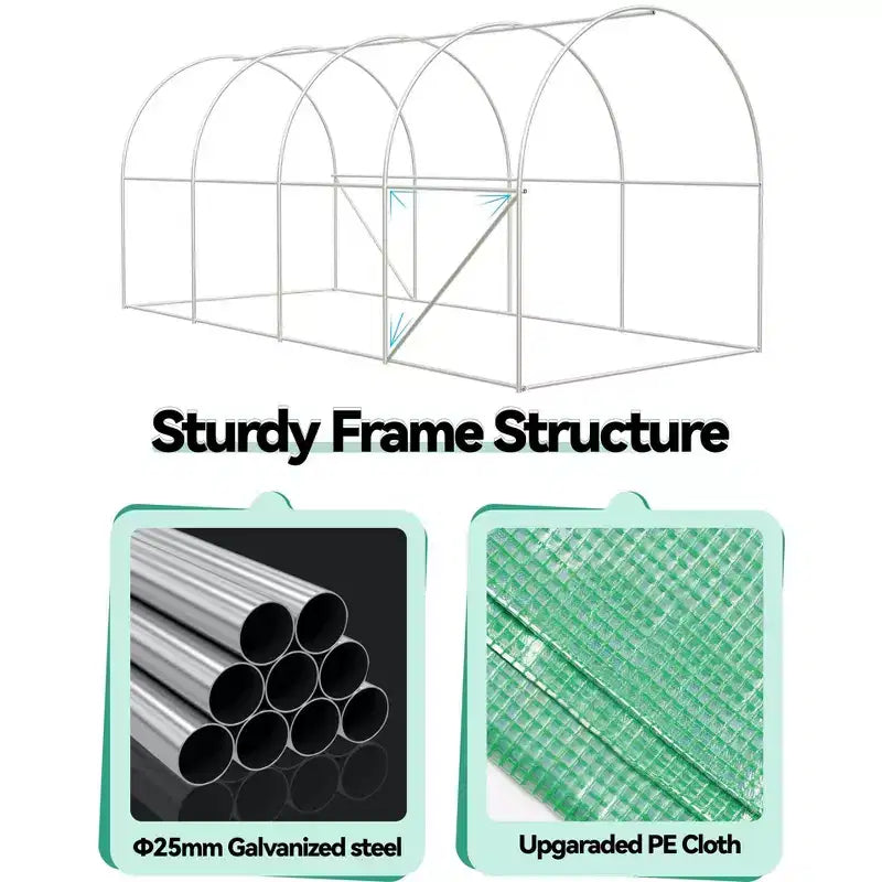 Serre tunnel avec porte, cadre en acier galvanisé avec 8 fenêtres de ventilation en maille, porte à enroulement avec fermeture éclair, bâche en PE durable pour légumes et fleurs