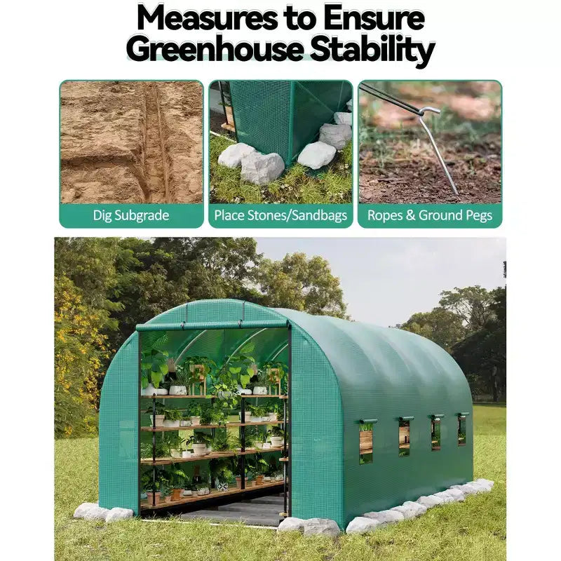 Serre tunnel avec porte, cadre en acier galvanisé avec 8 fenêtres de ventilation en maille, porte à enroulement avec fermeture éclair, bâche en PE durable pour légumes et fleurs