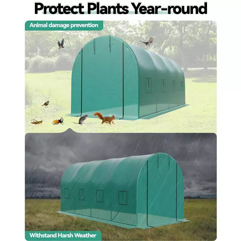 Serre tunnel avec porte, cadre en acier galvanisé avec 8 fenêtres de ventilation en maille, porte à enroulement avec fermeture éclair, bâche en PE durable pour légumes et fleurs