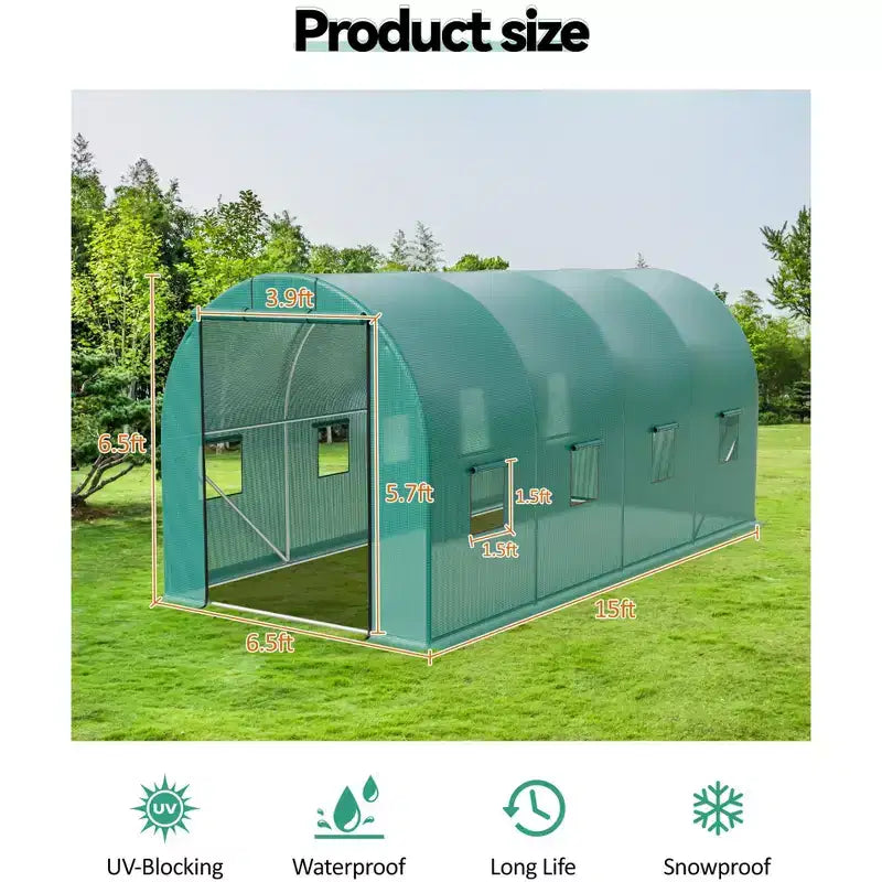Serre tunnel avec porte, cadre en acier galvanisé avec 8 fenêtres de ventilation en maille, porte à enroulement avec fermeture éclair, bâche en PE durable pour légumes et fleurs
