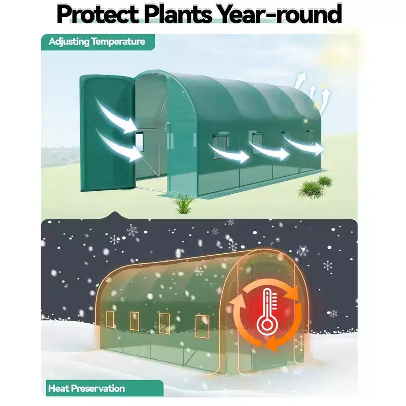 Serre tunnel avec porte, cadre en acier galvanisé avec 8 fenêtres de ventilation en maille, porte à enroulement avec fermeture éclair, bâche en PE durable pour légumes et fleurs